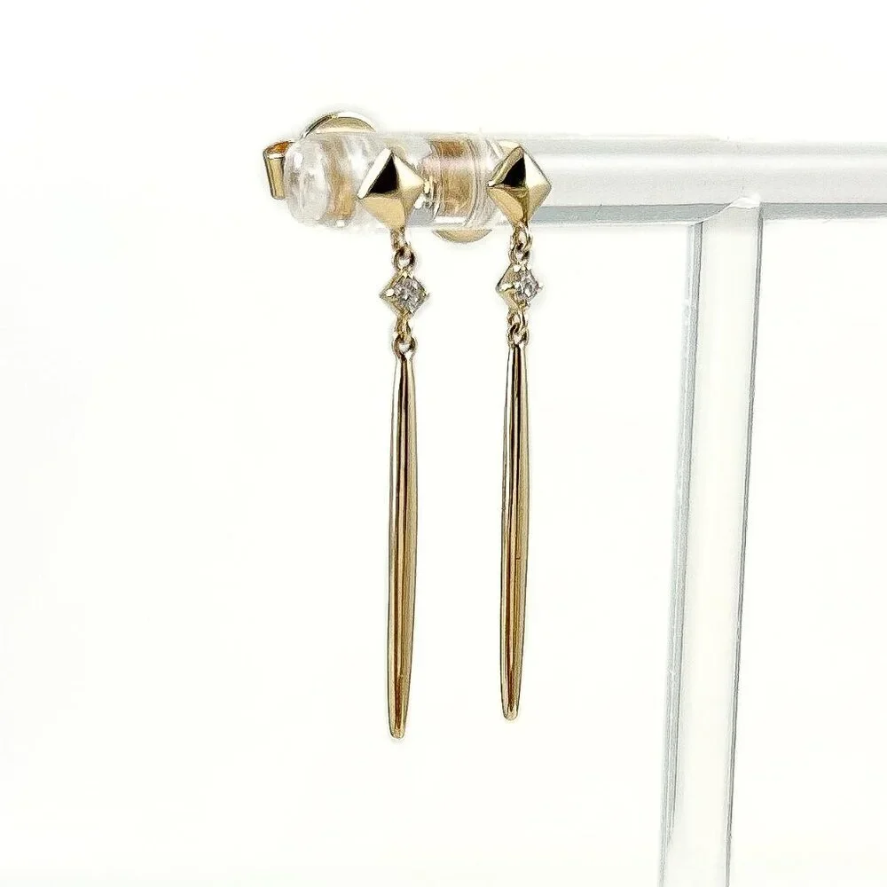 14k Yellow Gold Spike Dangle Earrings w/ Diamond, Post NWT .05ctw